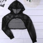 ⁦TAIKMD Women's Mesh Fishnet Hollow Out Hoodies Shirts See Through Sheer Pullover Sweatshirts Crop Top Clubwear⁩ - الصورة ⁦2⁩