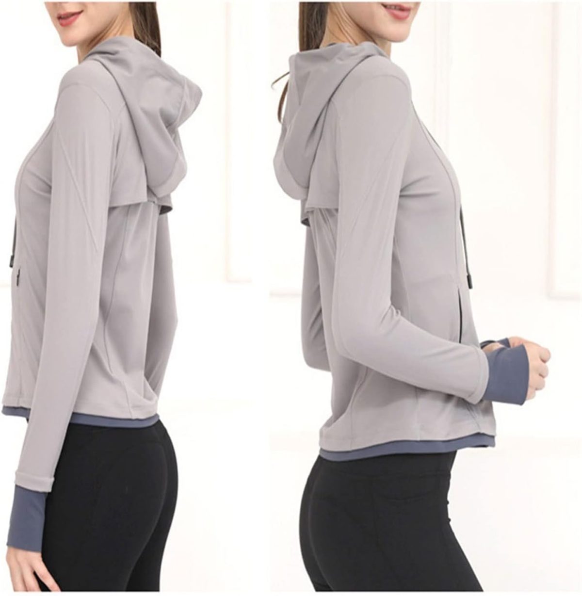 ⁦TOEE Women Sweatshirts Women's Loose Running Jacket Long Sleeve Yoga Shirts With Zipper Thumb Holes Casual Elastic Sport Coat Top Gym Sports Hoodies (Color : Black, Size : X-Large)⁩ - الصورة ⁦2⁩