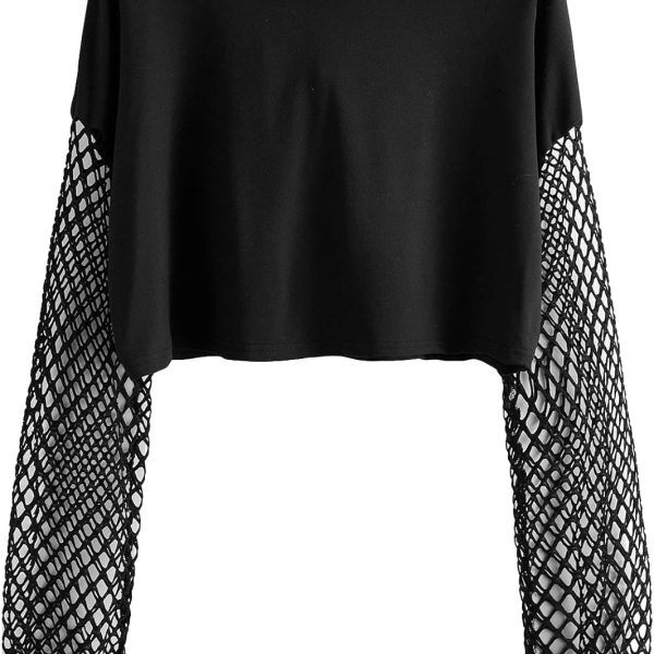 Verdusa Women's Fishnet Crop Hoodie Drop Shoulder Long Sleeve Sweatshirt Pullover