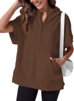 Women's Oversize Hooded Sweatshirt Summer Solid Color Casual Loose Half Zipper Pocket Short Sleeve Hoodies brown S