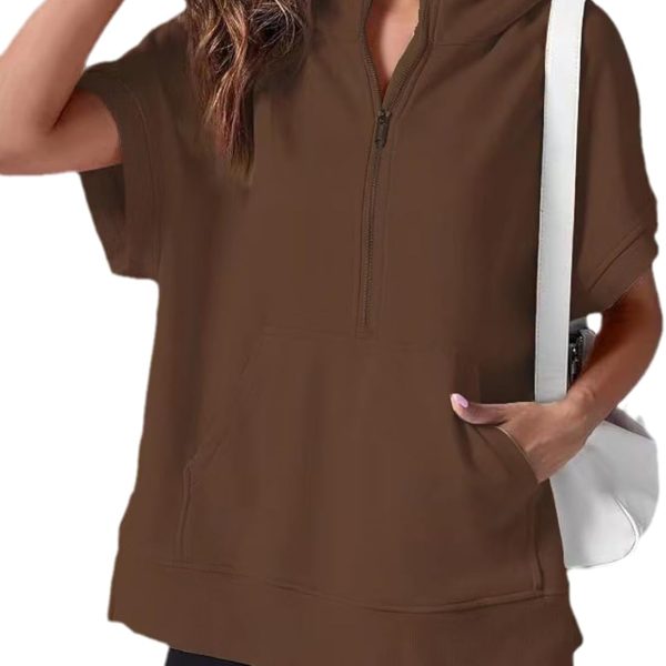 Women's Oversize Hooded Sweatshirt Summer Solid Color Casual Loose Half Zipper Pocket Short Sleeve Hoodies brown S
