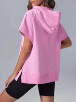 ⁦Women's Oversize Hooded Sweatshirt Summer Solid Color Casual Loose Half Zipper Pocket Short Sleeve Hoodies brown S⁩ - الصورة ⁦2⁩