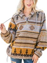 chouyatou Women's Tribal Aztec Print Hooded Half Zip Fuzzy Fleece Hoodie Sweatshirt Tops, Yellow, Large