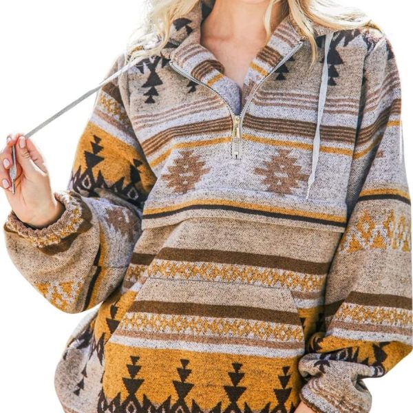 chouyatou Women's Tribal Aztec Print Hooded Half Zip Fuzzy Fleece Hoodie Sweatshirt Tops, Yellow, Large