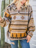 ⁦chouyatou Women's Tribal Aztec Print Hooded Half Zip Fuzzy Fleece Hoodie Sweatshirt Tops, Yellow, Large⁩ - الصورة ⁦2⁩