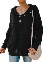 hsTrjz-MaXj Knitted Hoodie for Women,Casual V Neck Sweater Button Pullover Basic Long Sleeve Sweatshirt,Off The Shoulder Shirt Tops