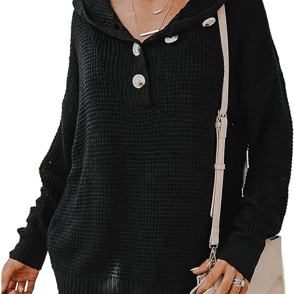 hsTrjz-MaXj Knitted Hoodie for Women,Casual V Neck Sweater Button Pullover Basic Long Sleeve Sweatshirt,Off The Shoulder Shirt Tops