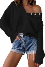 ⁦hsTrjz-MaXj Knitted Hoodie for Women,Casual V Neck Sweater Button Pullover Basic Long Sleeve Sweatshirt,Off The Shoulder Shirt Tops⁩ - الصورة ⁦2⁩