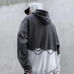 ⁦HLGLQZ Fake 2 Hoodies Double Hooded Hollow Out Stitching Pullover Sweatshirt Harajuku Vintage Pullover Oversize Sweater with Pocket⁩ - الصورة ⁦7⁩