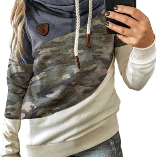 FYTVHVB Womens Cowl Neck Pullover Hoodie Casual Color Block Long Sleeve Drawstring Sweatshirt Jumper Tunic Lightweight Fleece Tops S-5XL