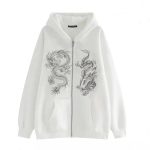 Women's Dragon Print Zipper Sweatshirt Fashion Hip Hop Sports Hoodie Autumn And Winter New Loose Fleece Jacket white M