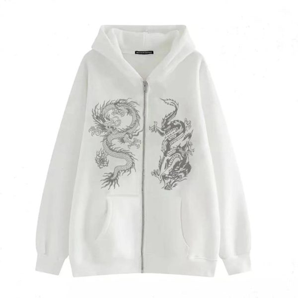 Women's Dragon Print Zipper Sweatshirt Fashion Hip Hop Sports Hoodie Autumn And Winter New Loose Fleece Jacket white M