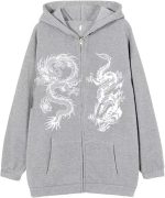 Chahuer Women's Dragon Print Zipper Sweatshirt Fashion Hip Hop Sports Hoodie Autumn And Winter New Loose Fleece Jacket gray 2 S