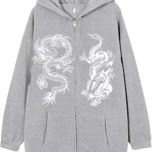 Chahuer Women's Dragon Print Zipper Sweatshirt Fashion Hip Hop Sports Hoodie Autumn And Winter New Loose Fleece Jacket gray 2 S