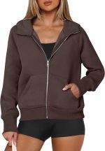 ⁦ANRABESS Women Hoodies Fleece Lined Full Zipper Sweatshirts Long Sleeve Crop Tops Clothes Sweater Thumb Hole⁩ - الصورة ⁦3⁩