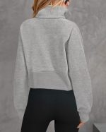 ⁦LEEDYA Women's Half Zip Hoodie Long Sleeve Cropped Sweatshirt Fleece Lined Collar Pullover Sweater, Grey, X-Large⁩ - الصورة ⁦3⁩