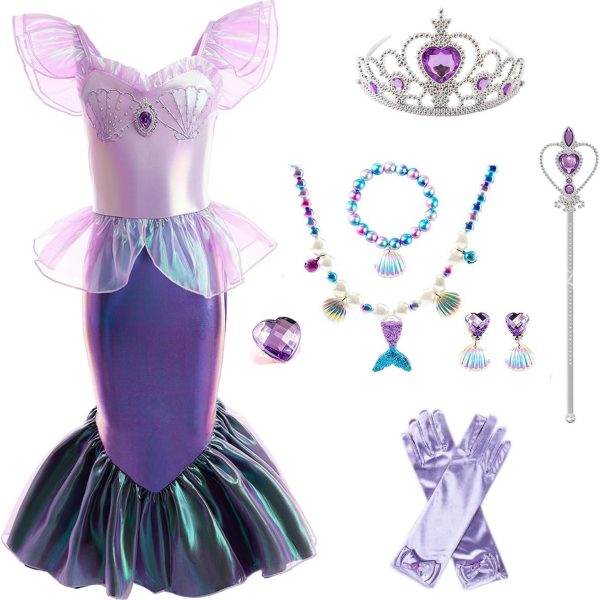 زي اميرة حورية البحر للبنات من بويكبور، مع اكسسوارات للجبهة وخطاطيف اذن للبنات بعمر 3-8 سنوات، زي تنكري لحفلات اعياد الميلاد والهالوين مع اكسسوارات