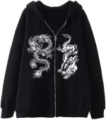 سويت شيرت نسائي بسحاب مطبوع عليه تنين عصري هيب هوب رياضي للخريف والشتاء، جاكيت صوف فضفاض جديد أسود 1 L، ياقة عالية جدًا