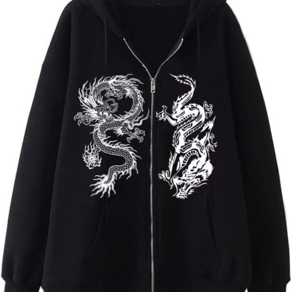 سويت شيرت نسائي بسحاب مطبوع عليه تنين عصري هيب هوب رياضي للخريف والشتاء، جاكيت صوف فضفاض جديد أسود 1 L، ياقة عالية جدًا