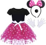 زي تنكري فاخر بتصميم ميني من اتورتشر مع طوق شعر على شكل اذني فار وفيونكة وقفازات وانف للاطفال والبنات، لحفلات اعياد الميلاد والهالوين وتنورة قصيرة منقطة