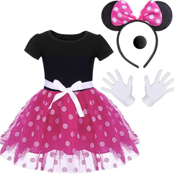 زي تنكري فاخر بتصميم ميني من اتورتشر مع طوق شعر على شكل اذني فار وفيونكة وقفازات وانف للاطفال والبنات، لحفلات اعياد الميلاد والهالوين وتنورة قصيرة منقطة