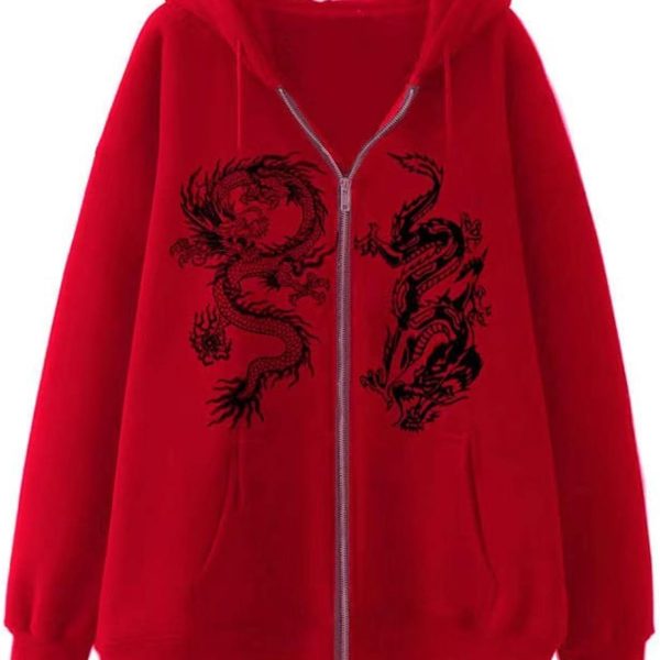 سويت شيرت نسائي بسحاب مطبوع عليه تنين عصري هيب هوب رياضي للخريف والشتاء جاكيت صوف فضفاض جديد أحمر 1 L، ياقة عالية جدًا
