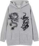 سويت شيرت نسائي بسحاب مطبوع عليه تنين عصري هيب هوب رياضي للخريف والشتاء، جاكيت صوف فضفاض جديد رمادي 1 S، ياقة عالية جدًا