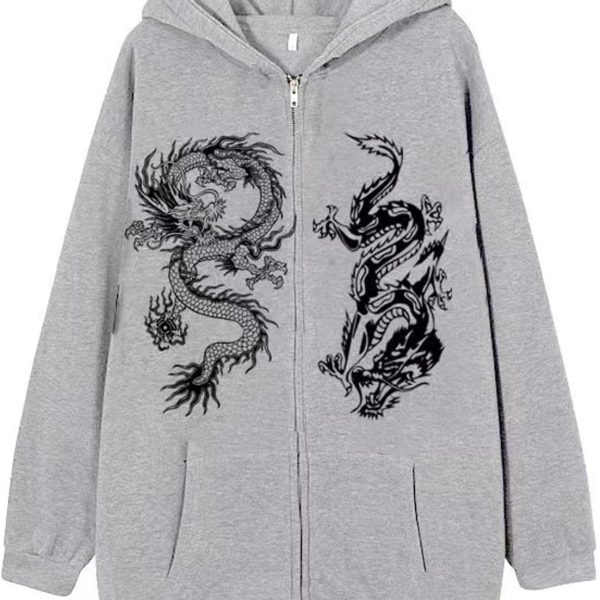 سويت شيرت نسائي بسحاب مطبوع عليه تنين عصري هيب هوب رياضي للخريف والشتاء، جاكيت صوف فضفاض جديد رمادي 1 S، ياقة عالية جدًا