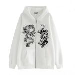 Women's Dragon Print Zipper Sweatshirt Fashion Hip Hop Sports Hoodie Autumn And Winter New Loose Fleece Jacket white 1 XXL