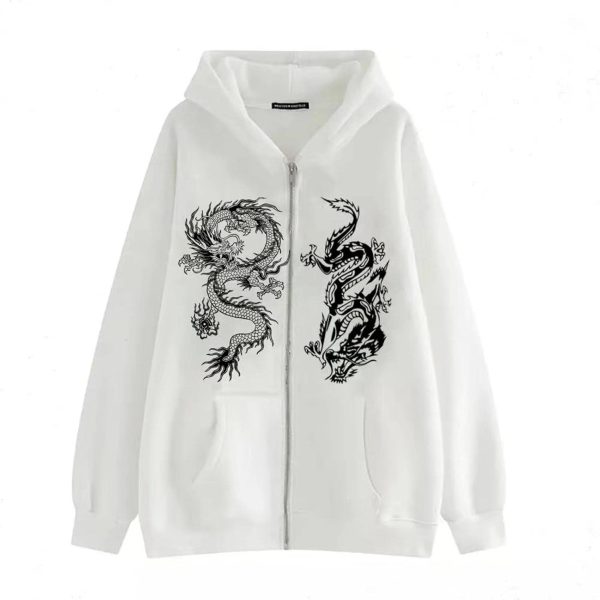 Women's Dragon Print Zipper Sweatshirt Fashion Hip Hop Sports Hoodie Autumn And Winter New Loose Fleece Jacket white 1 XXL