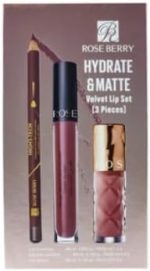 ⁦مجموعة احمر شفاه هيدريت اند مات فيلفيت من روز بيري - 3 قطع (كونتور، احمر شفاه، لامع) بيرفكت نود⁩ - الصورة ⁦4⁩