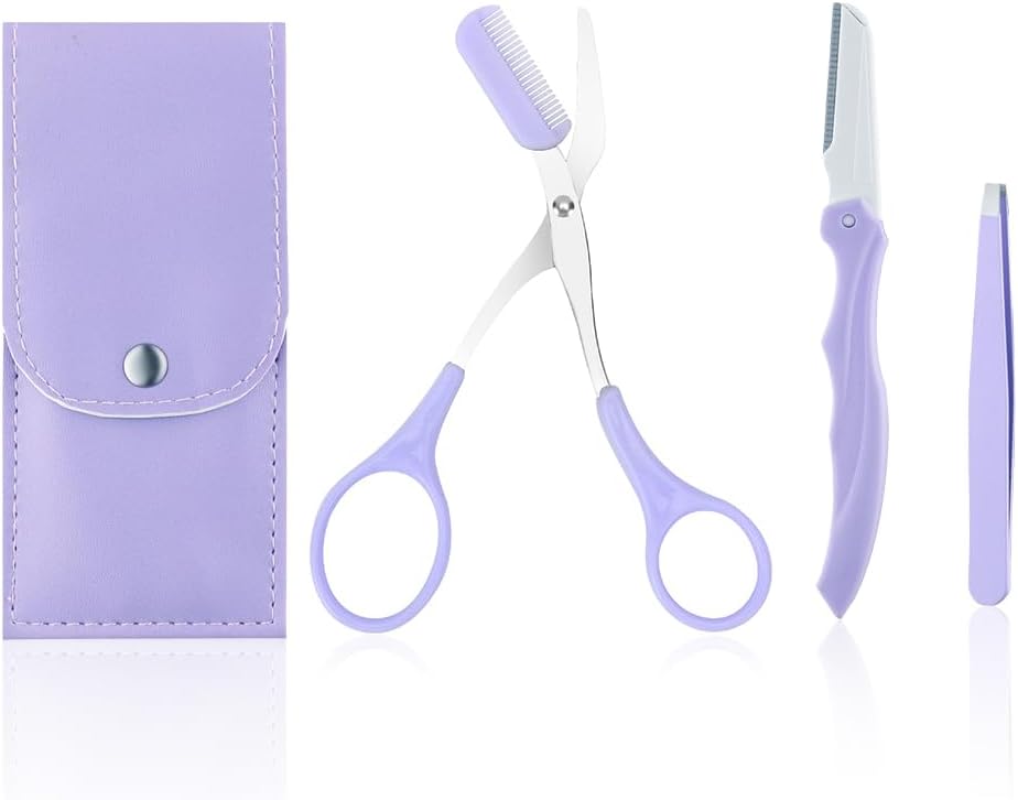 HANNEA® 3-in-1 Eyebrow Scissors Kit, Eyebrow Grooming Set, Eyebrow Scissors with Comb, Hair Removal Tweezers, Facial Eyebrow Razo, yebrow Trimmer Kit for Women and Men, Purple