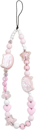 سوار سلسلة للهاتف المحمول بتصميم راس قطة ونجمة وزهرة وقلب مطرز بالخرز، حزام معصم بلون زهري مضاد للفقدان، سلسلة مفاتيح للنساء والفتيات