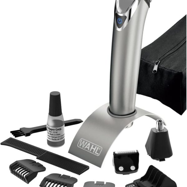 WAHL Lithium Ion Stainless Steel Trimmer | Worldwide Voltage | LED Battery Indicator and Accessories - Professional Grade Hair Grooming Kit | Beard Trimmer for Men (9818-727)