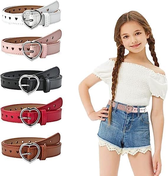 Bukela 5 Pieces Girls Fashion Belt PU Leather Belts Cute Heart Shape With Metal Buckle Elastic Stretch Adjustable Waist Belt for Girls Jeans Dress