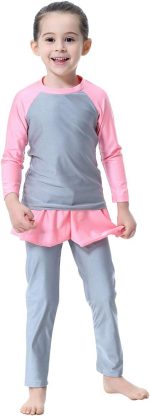 ⁦OwlFay Mu Swimsuit For Girls Kid Modest Full Cover Hijab Burkini Islamic Top Pants Cap Costume 3Pcs Set⁩ - الصورة ⁦2⁩
