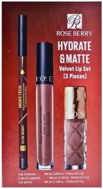 ⁦مجموعة احمر شفاه هيدريت اند مات فيلفيت من روز بيري - 3 قطع (كونتور، احمر شفاه، لامع) بيرفكت نود⁩ - الصورة ⁦5⁩