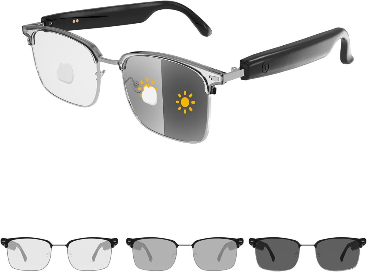 Harlafou Bluetooth Audio Smart Glasses,Photochromic Sunglasses for Men and Women,Open Ear Sound Mic & Speakers
