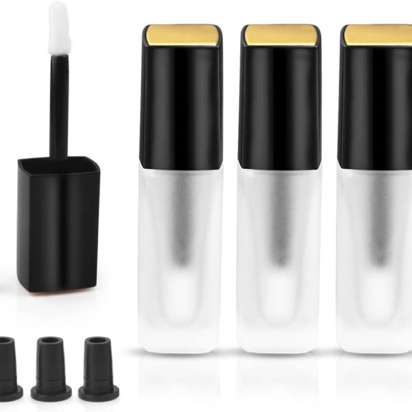 Cositina 5 Pcs 5ml Frosted Glass Lip Gloss Tubes Refillable Square Lip Glaze Tube Vials Mini Lip Balm Bottle Container with Wands & Stoppers for Women Girls DIY Makeup Travel
