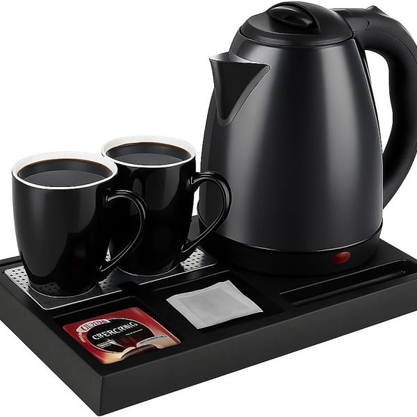 1.8L 1500W Stainless Steel Electric Water Kettle Set with 2 Tea Coffee Cups and Serving Tray | Water Kettle for Hotels, Offices, Home | Hotel Water Kettle