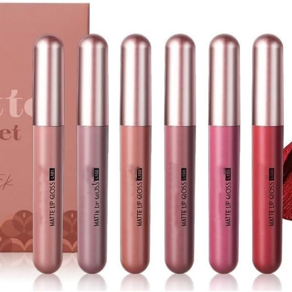 مجموعة احمر شفاه سائل مات نود من 6 قطع، ظلال تدوم طويلا ومصبوغة، مجموعة هدايا ملمع شفاه للبنات والنساء