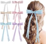 ⁦6PCS Bow Hair Clips, Soft Silky Stain Ribbon Hair Clips for Women, Cute Hair Bows with Long Tail, Solid Bows for Female Thick Thin Long Hair,Hair Accessories (Macaron)⁩ - الصورة ⁦2⁩