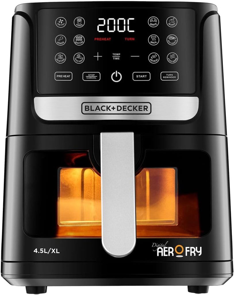 BLACK+DECKER 4.5L Air Fryer with LED Touch Panel, 12 Preset Programs, Adjustable Temp 80-200°C, Timer, Preheat, Reheat, Keep Warm, Dehydrate, Auto-Off, Dishwasher-Safe – AF4500-B5