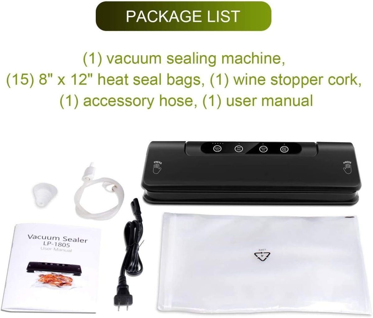 ⁦Wonone Lencak Vacuum Sealing Machine for Both Dried and Wet Fresh Food with Starter Kit (Black)⁩ - الصورة ⁦5⁩