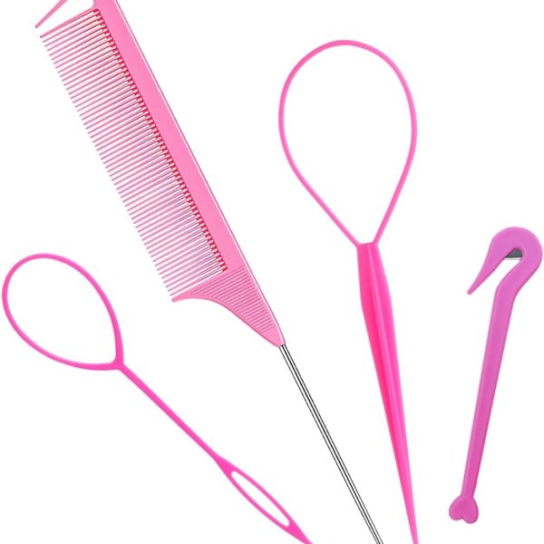 مجموعة ادوات تصفيف الشعر بتصميم ذيل الحصان الفرنسي المضفر من 4 قطع، اداة ازالة اربطة الشعر المطاطية، اداة ازالة اربطة الشعر المطاطية، اداة ازالة ربطات الشعر، اداة تصفيف الشعر