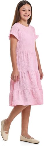 ⁦R&B Girls 125-0509Tg283-4 Textured Tiered Dress With Crew Neck And Short Sleeves⁩ - الصورة ⁦3⁩