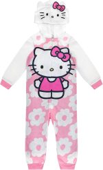 Hello Kitty Kids Onesie Pajamas - Girls Long Sleeve Zip Up Hooded Blanket Sleeper - One Piece Costume - Official License