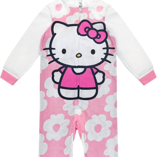 Hello Kitty Kids Onesie Pajamas - Girls Long Sleeve Zip Up Hooded Blanket Sleeper - One Piece Costume - Official License