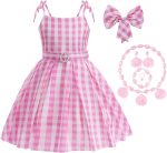 فستان الأميرة للبنات، زي الاميرة باربي، فستان بخصر منقوش باللون الزهري، أزياء تنكرية للأطفال، مع فيونكة وقلادة وسوار وخاتم وأقراط، لحفلات أعياد الميلاد للأطفال