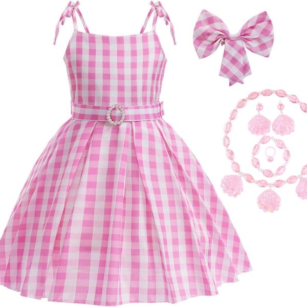 فستان الأميرة للبنات، زي الاميرة باربي، فستان بخصر منقوش باللون الزهري، أزياء تنكرية للأطفال، مع فيونكة وقلادة وسوار وخاتم وأقراط، لحفلات أعياد الميلاد للأطفال